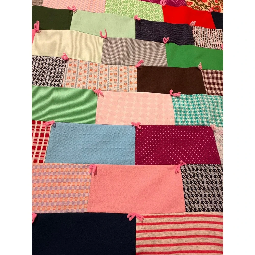 Vintage Handmade Patchwork Tied Quilt Multi Color Scrap‎ Blanket Pink Backing